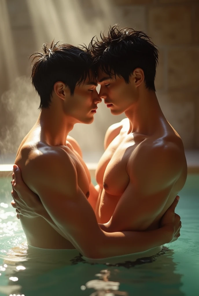 two handsome and muscular Japanese young men in early twenties、Public bath、cuddling, blushing, Completely naked