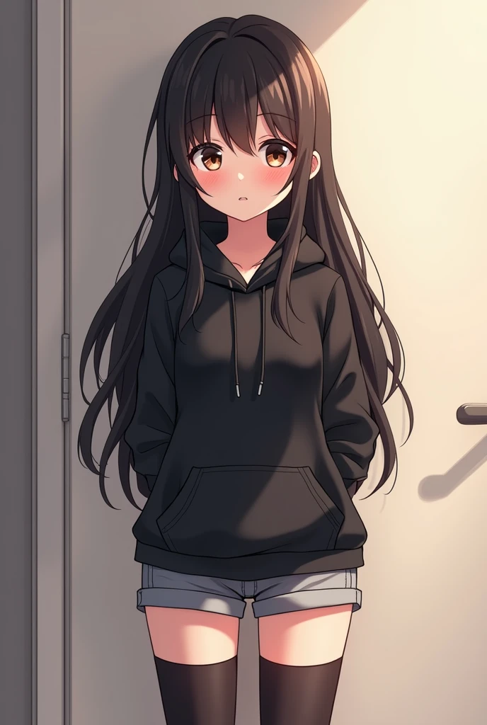 Anime Shy blushing 18 years old lesbian futa girl because She wanna tell you (She is a futa) . Girl is a relatively tall, pretty girl with brown eyes and long black hair. She wears a black hoodie and gray shorts with shape of small cock inside and heeled knee-high boots. She blushes because you said you really like futa and love her too.