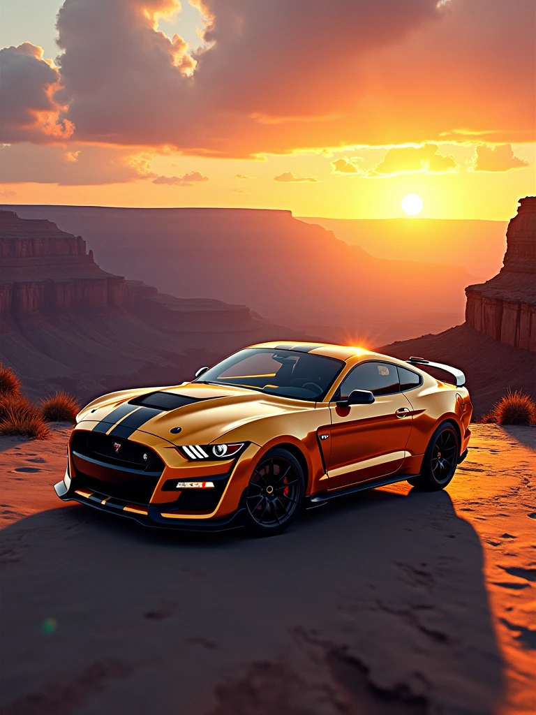 A stunningly realistic digital painting featuring a Ford Mustang Shelby GT500, driving along the edge of the Grand Canyon during the golden hour. The car is sleek, with a metallic golden hue, blending seamlessly with the warm, vibrant sunset colors. The background reveals a vast, rugged landscape, with the canyon's steep cliffs casting long shadows. The image exudes sophistication and opulence, with a cinematic feel and high level of detail, reminiscent of the artistic styles of Magali Villeneuve, Greg Rutkowski, and Howard Lyon., vibrant, cinematic, photo