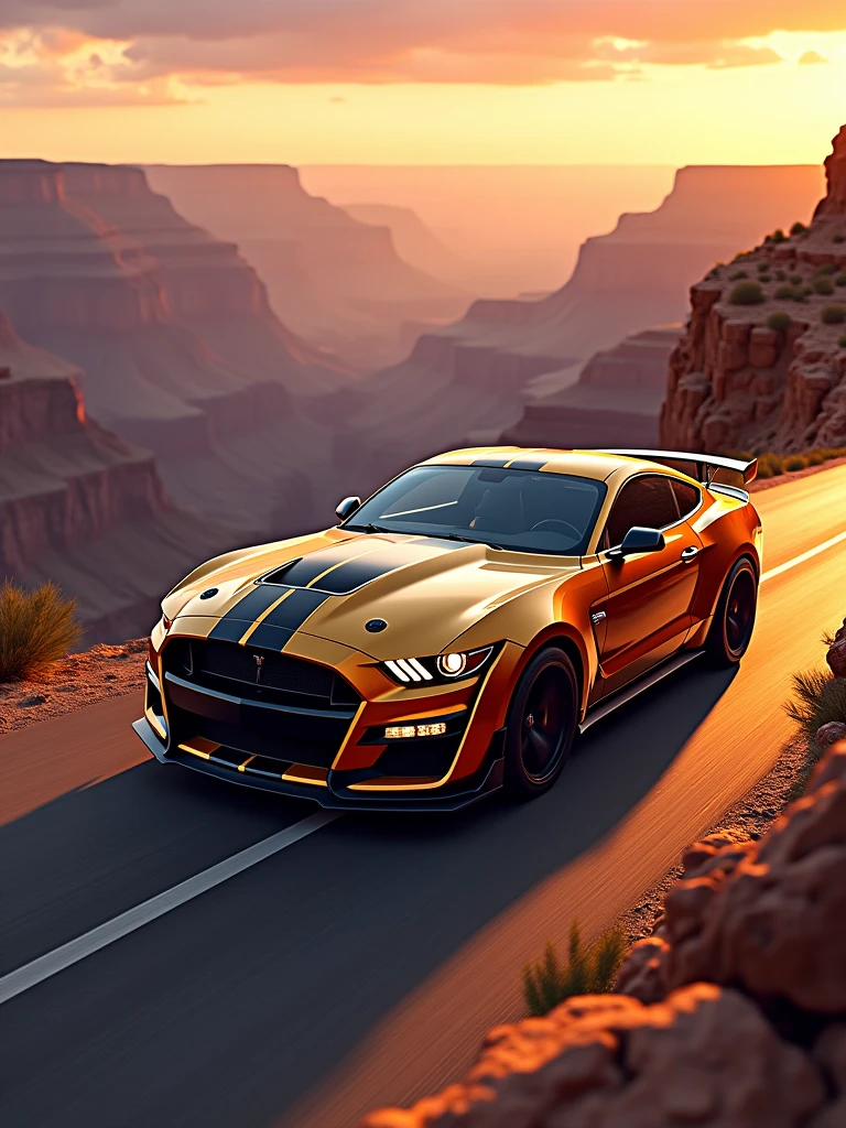 A stunningly realistic digital painting featuring a Ford Mustang Shelby GT500, driving along the edge of the Grand Canyon during the golden hour. The car is sleek, with a metallic golden hue, blending seamlessly with the warm, vibrant sunset colors. The background reveals a vast, rugged landscape, with the canyon's steep cliffs casting long shadows. The image exudes sophistication and opulence, with a cinematic feel and high level of detail, reminiscent of the artistic styles of Magali Villeneuve, Greg Rutkowski, and Howard Lyon., vibrant, cinematic, photo