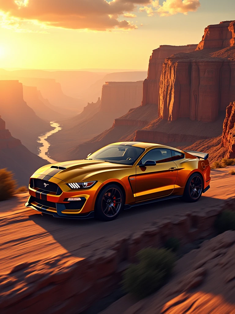 A stunningly realistic digital painting featuring a Ford Mustang Shelby GT500, driving along the edge of the Grand Canyon during the golden hour. The car is sleek, with a metallic golden hue, blending seamlessly with the warm, vibrant sunset colors. The background reveals a vast, rugged landscape, with the canyon's steep cliffs casting long shadows. The image exudes sophistication and opulence, with a cinematic feel and high level of detail, reminiscent of the artistic styles of Magali Villeneuve, Greg Rutkowski, and Howard Lyon., vibrant, cinematic, photo