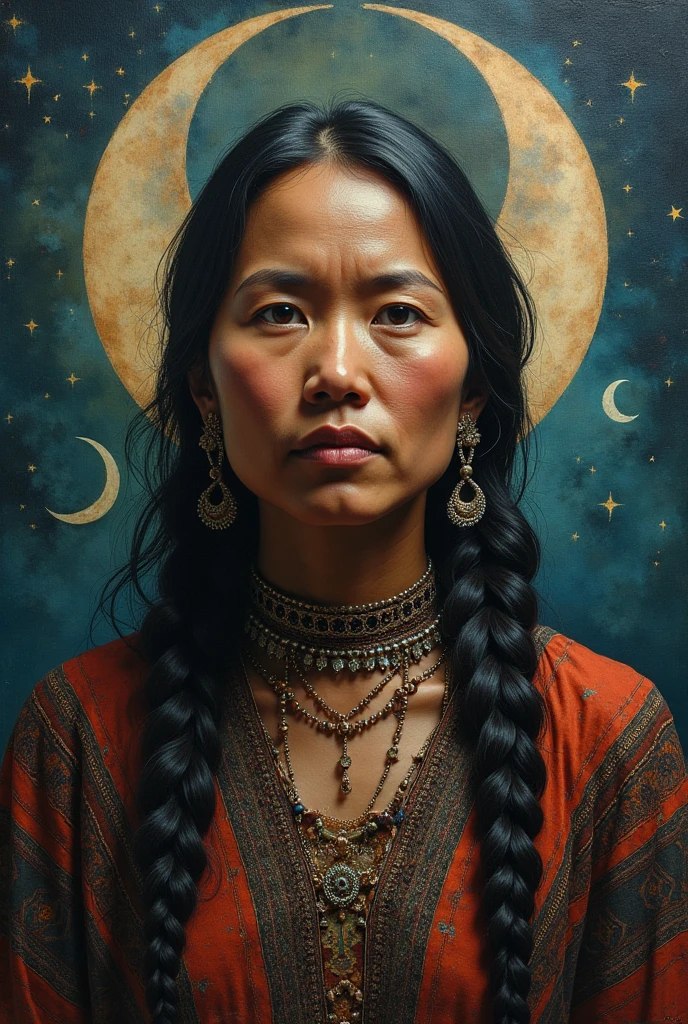 Portrait of a Bolivian indigenous woman with lunar symbolism