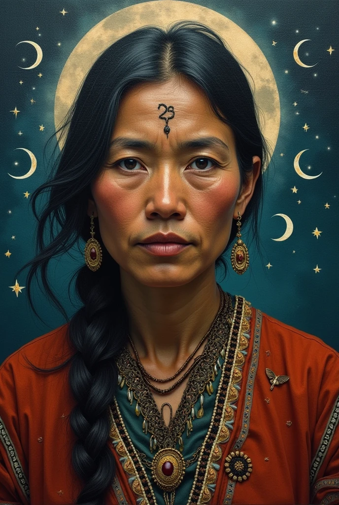 Portrait of a Bolivian indigenous woman with lunar symbolism