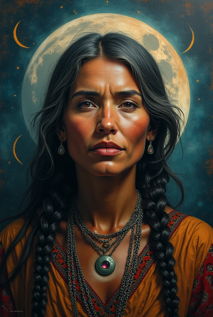 Portrait of a Bolivian indigenous woman with lunar symbolism