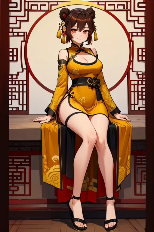 female, brown short messy hair, red eyes, brown monkey ears, brown monkey tail, (((1girl))), (((yellow Chinese dress))), (black sash), (black Chinese slippers), cute and sexy, full body, large breasts, long legs, smiling, cleavage