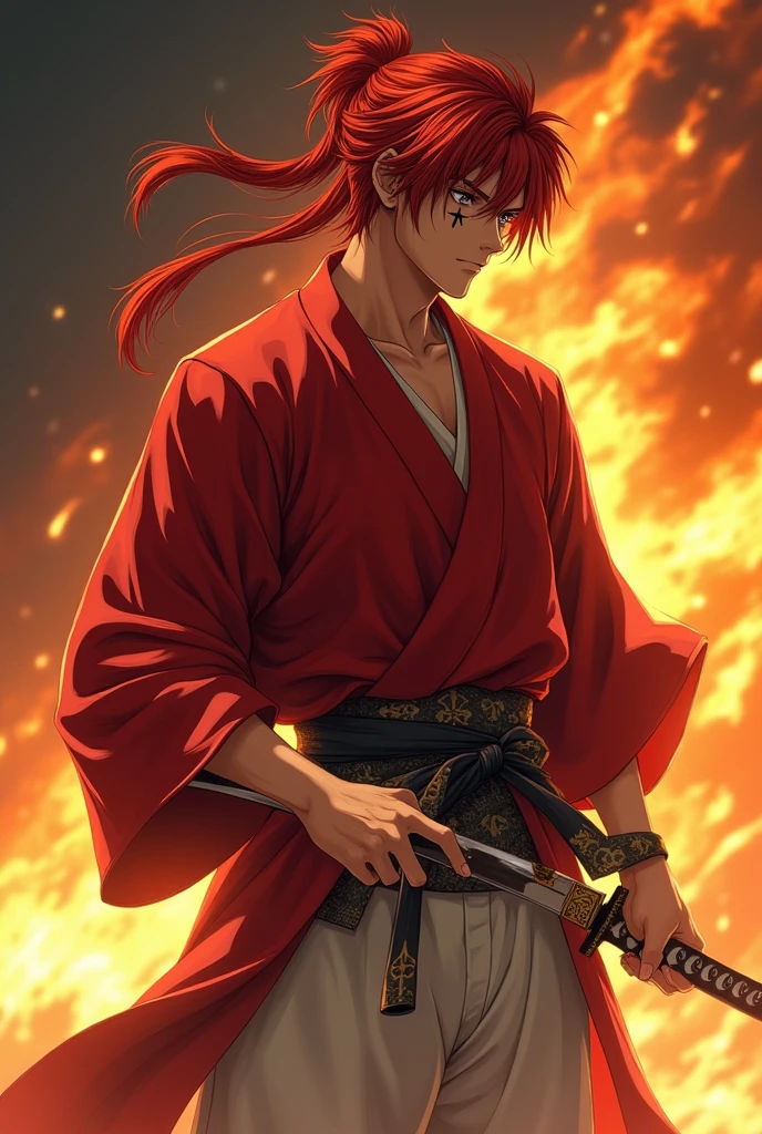 Design amazing postereatures kenshin as the protagonist "Rurouni Kenshin" In the heat of the moment. Capture the essence of his burning determination and indomitable spirit. For he unleashed his anger. Action with a straight sword in hand, Keep it short, Bold, And strongly convey the raw power of Kenshin's anger. Long Hair, ponytail, Red Hair, katana, cross sign in left cheek, High quality, photorealistic, 20-year-old man, holding a Katana in his hand, surrounded by fire. The man has a determined posture, He is wearing a red kimono with intricate patterns, paired with a white hakama .The lighting is realistic, emphasizing the intensity of the scene.