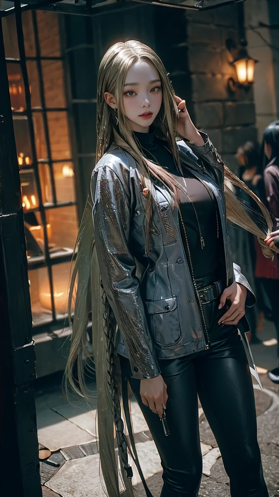 (long silver hair:1.5),Beautiful 25 year old Korean female vampire mercenary, brown skin, (Wearing a blue leather jacket and tight black pants.;1.3), Carrying a rifle, view from the front, waist shot, dynamic pose, Ambient lighting, photographic realism, Intricate facial details, Handcrafted details, very detailed, vivid colors, cinematic, high resolution, Popular styles Raw on Artstation