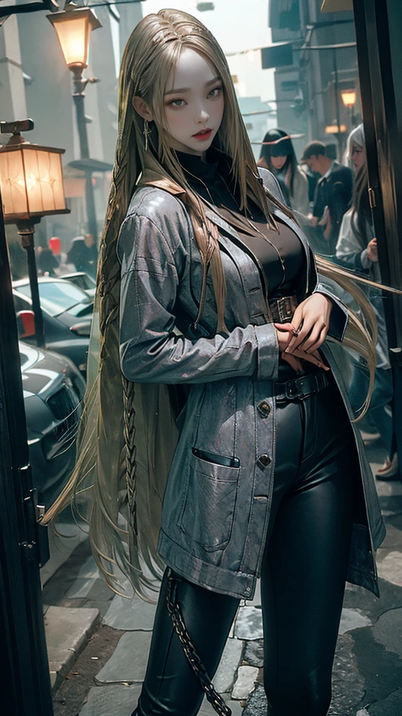 (long silver hair:1.5),Beautiful 25 year old Korean female vampire mercenary, brown skin, (Wearing a blue leather jacket and tight black pants.;1.3), Carrying a rifle, view from the front, waist shot, dynamic pose, Ambient lighting, photographic realism, Intricate facial details, Handcrafted details, very detailed, vivid colors, cinematic, high resolution, Popular styles Raw on Artstation