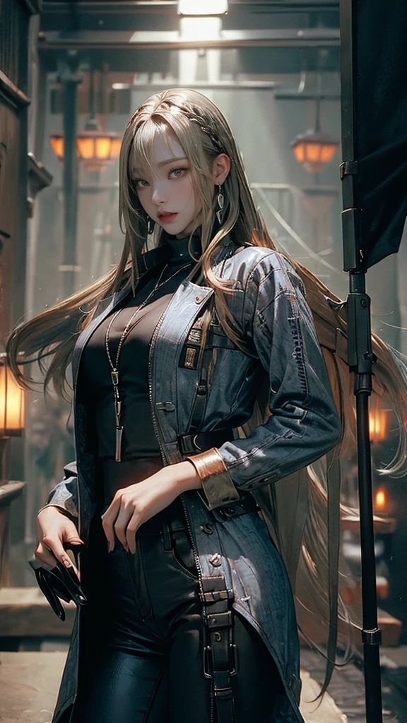 (long silver hair:1.5),Beautiful 25 year old Korean female vampire mercenary, brown skin, (Wearing a blue leather jacket and tight black pants.;1.3), Carrying a rifle, view from the front, waist shot, dynamic pose, Ambient lighting, photographic realism, Intricate facial details, Handcrafted details, very detailed, vivid colors, cinematic, high resolution, Popular styles Raw on Artstation