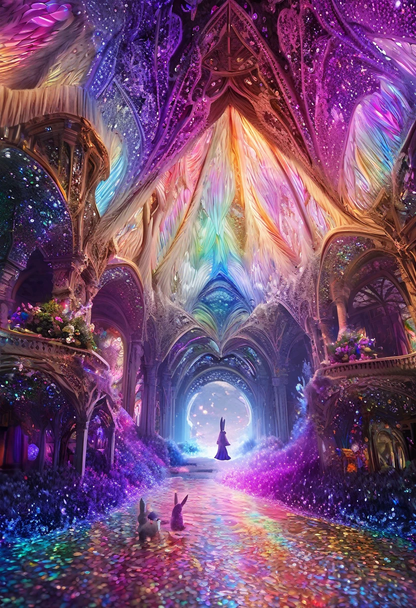 stuffed rabbit, fantasy world, glitter effects, conceptual installation art, (ultra detailed, absolutely resolution, best quality:1.3), 2.5D, delicate and dynamic, iridescent effects, artistic, hyper, graphic CG digital art