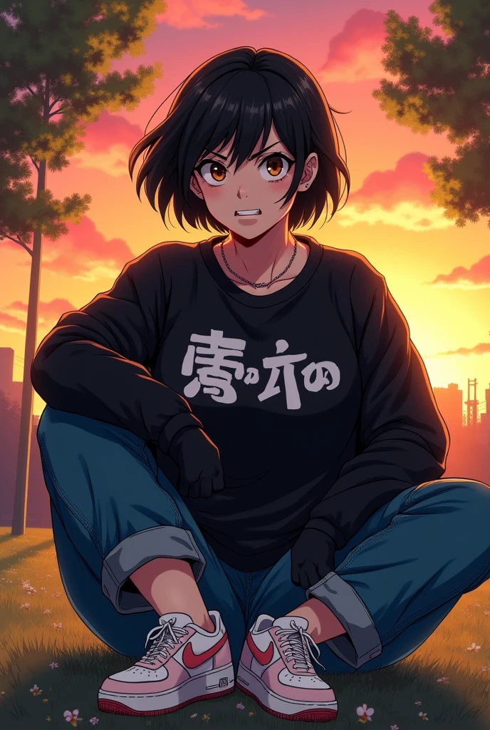 Adult beefy girl, short black hair, large light brown eyes, short stature, Black sweater with Japanese letter print, big breasts, big breasts, baggy jeans, white with pale pink sports shoes, sitting in a park, sunset, manga style, angry expressions.