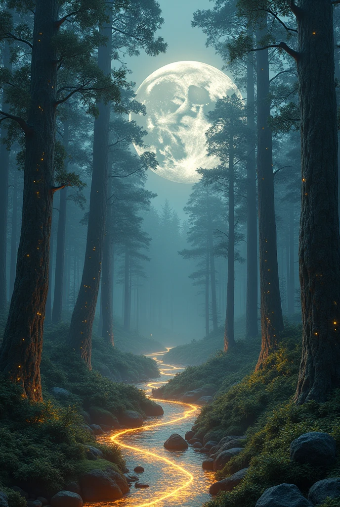 “An ancient forest at twilight, where the trees are impossibly tall, their bark glowing faintly with bioluminescent patterns. The ground is covered in a thick carpet of glowing moss, and the air is filled with sparkling particles that float like tiny stars. A winding river of liquid gold flows through the forest, its surface shimmering with light. In the distance, a giant moon rises, so close it fills half the sky, casting a soft, silver light that makes everything seem to glow. At the heart of