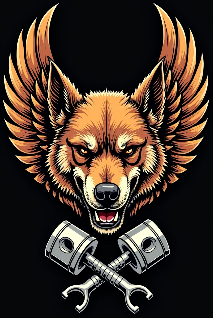 vest badge for a motorcycle club whose mascot is a caramel-colored mongrel dog with a scar over its eye, with ears pricked up and wide open, with a very angry face, In the coat of arms, the dog only has his face right in the middle, with wings that go up to half the height of his ears and that come out behind him at the line of his eyes and two crossed pistons at the bottom of the coat of arms.