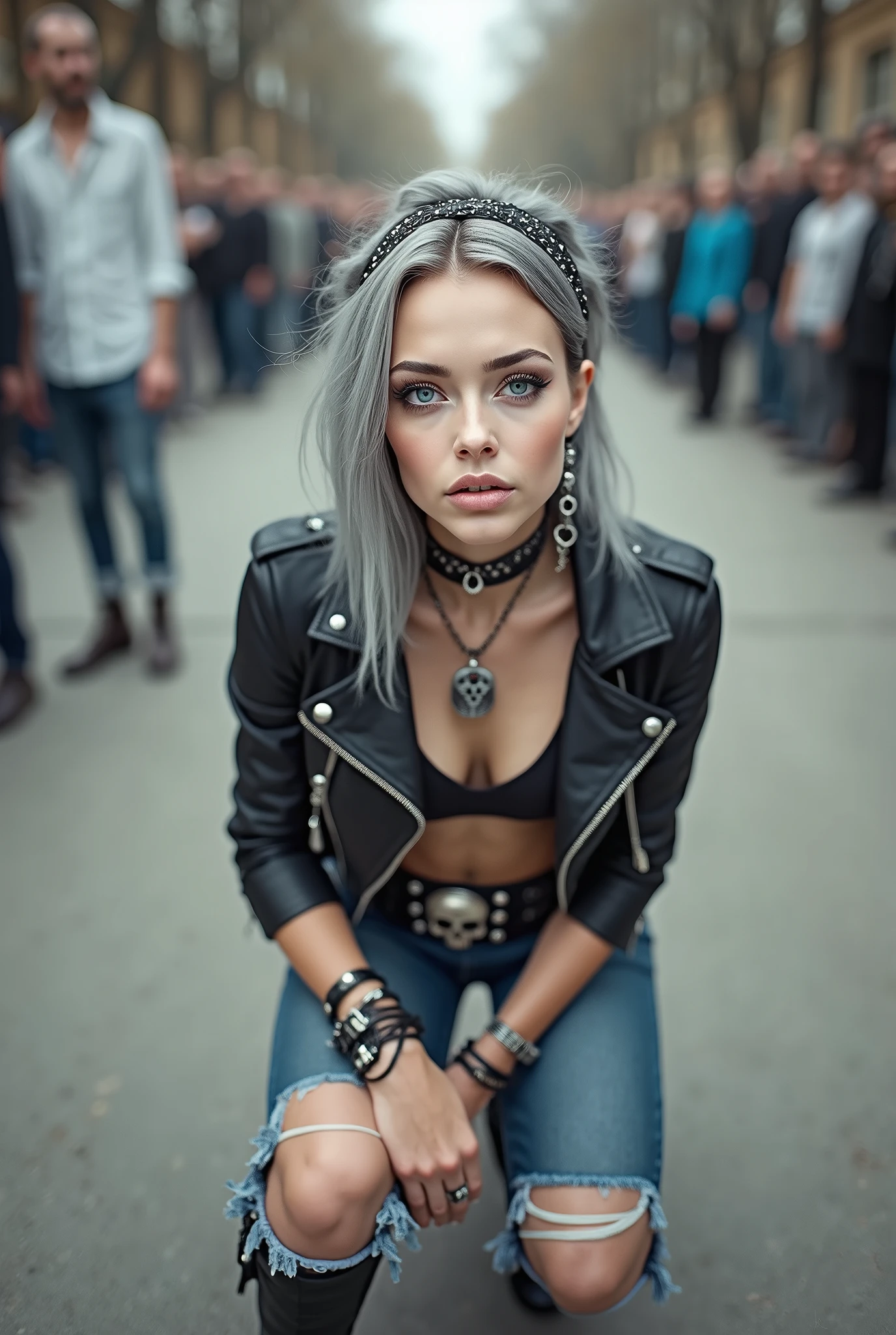 russian milf woman, grey hair (straight, middle part) and bandana as headband, with very light blue eyes, extremely pale. Wearing cropped black moto jacket with lots of zippers and pins, black push up bra, dark skinny blue jeans with worn knees and pointy black Chelsea boots with cuban heels . Chokers. Lots of bracelets and collars. Tacky wide studded eather belt with oversized skull and bones buckle. Long boho earrings. Kneeling like in a payer, a little bent, looking up, eyes and mouth wide open in amazement. Hands on her knees. Listening in amazement to somebody speaking to her, toned six pack abdominals, thin legs and thin arms. A lot of people around looking at her