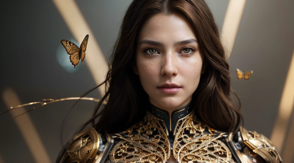 photo, 8k portrait of beautiful cyborg with brown hair, intricate, elegant, highly detailed, majestic, digital photography, art by artgerm and ruan jia and greg rutkowski surreal painting gold butterfly filigree, broken glass, (masterpiece, side lighting, finely detailed beautiful eyes: 1.2), hdr, realistic, high definition