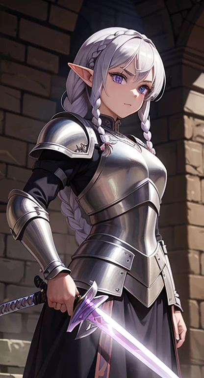 masterpiece, best quality, solo, warrior, braids, purple eyes, silver hair, elf, armor, sword,