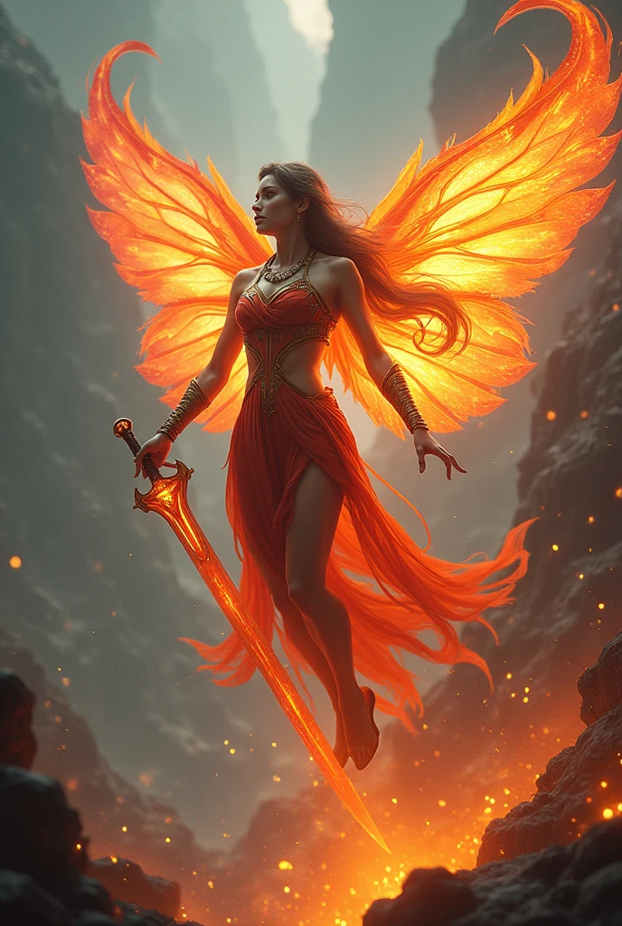 A captivating fairy of fire, lava, and tsunami: soaring upward on bio-mechanical wings, her piercing gaze commands respect, with a sword shining bright, reflecting elemental forces within swirling smoke, surrounded by enthralling sparks, amidst an otherworldly landscape.
