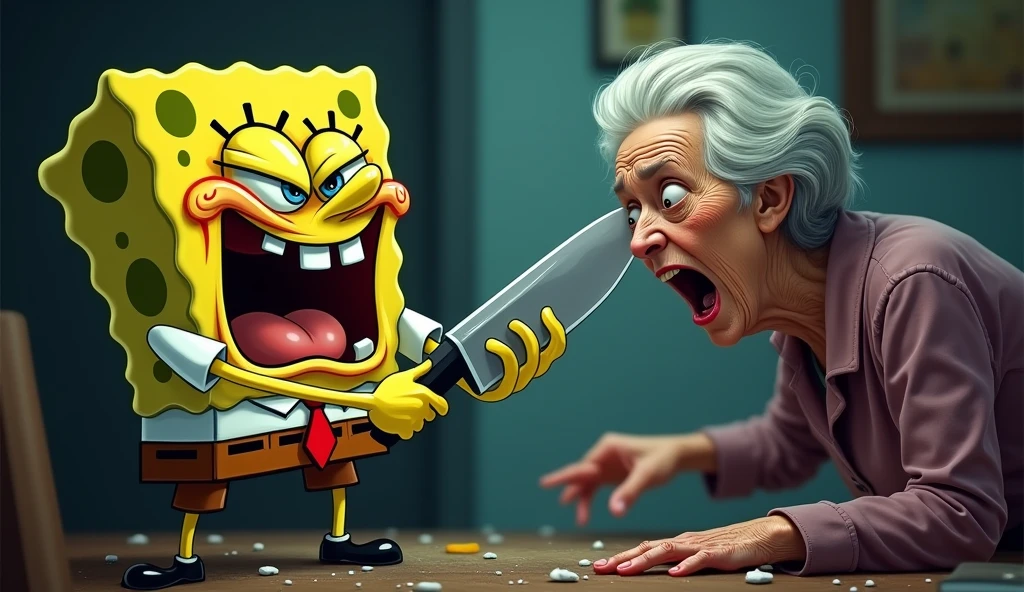SPONGE BOB VIOLENTLY HITTING A GRANDMOTHER WITH A KNIFE ASSAULT