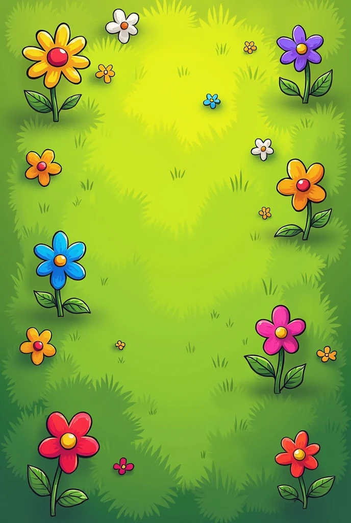 "Create a playful, cartoon-style top-down view of a grassy field. The grass is lush and green, with a slightly textured, hand-drawn appearance. Scattered across the grass are 8 equally-sized flowers, each a different bright color (e.g., red, blue, yellow, pink, purple, orange, white, and green). The flowers are simple and whimsical, with rounded petals and a bold outline. The overall mood should be cheerful and lighthearted, perfect for a fun, animated scene."