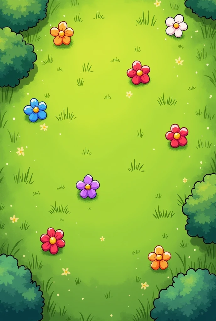 "Create a playful, cartoon-style top-down view of a grassy field. The grass is lush and green, with a slightly textured, hand-drawn appearance. Scattered across the grass are 8 equally-sized flowers, each a different bright color (e.g., red, blue, yellow, pink, purple, orange, white, and green). The flowers are simple and whimsical, with rounded petals and a bold outline. The overall mood should be cheerful and lighthearted, perfect for a fun, animated scene."