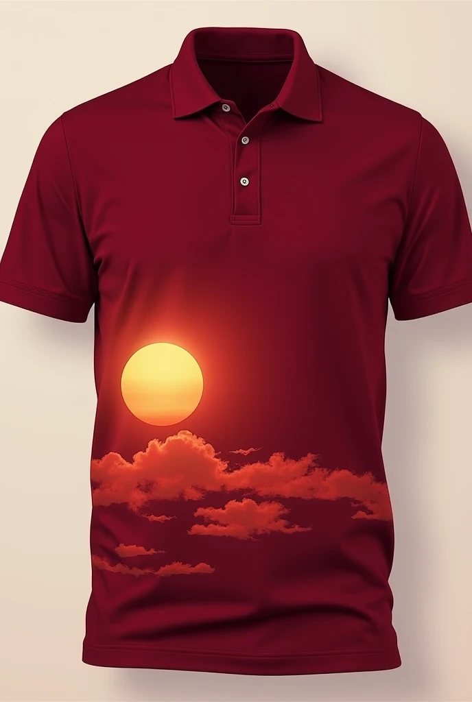 A colored polo shirt #270f2c, with silhouettes of a sun in the lower left corner, large and clouds in a lighter tone. NO RED OR DETAILS 