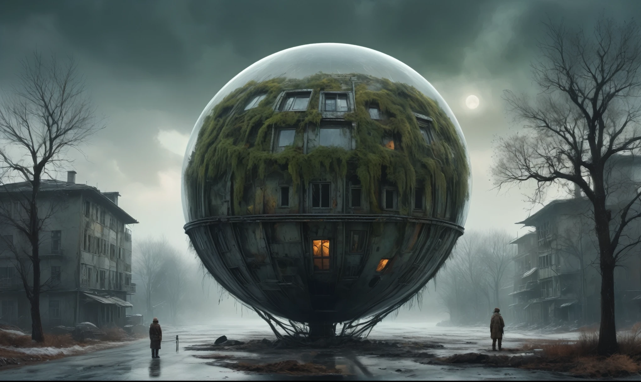 insane pilot from USSR , camouflage Rusty, after a psychiatric clinic,winter,intricate landscape,slate grey atmosphere,film grain,faded,eyes extremely detailed,another world,view from height,once pretty face,eyebrow up,full body shot,ominous landscape, Simon Stalenhag,Nicola Samori,full body shot,beggar paladium The Alien Entity,Technicolor,natural skin textures, hyper realism, hyper detailed,Extremely detailed,High contrast,Masterpiece,Realistic,Ultra Detailed, intricate details,realistic humid leather,extremly intricate,Epic Realistic, cinematic style,irina yermolova,high contrast,hdr,extremely detailed, deep night landscape,masterpiece,intricate details,faded,eyes extremely detailed, high detailed eyes,8k resolution,RAW,retina, Nikon Z9,China,tkt style, transition between two art styles, Ink painting to photorealism, Double contact, X-ray, Creative, vivid light, masterpiece, fantasy, Abstract Surrealism, super detailed, high resolution, stop:35;Her skin is pale, almost translucent,ancient rock,a hot air soars through the layers of clouds, revealing a colossal and enigmatic cityscape nestled within. The buildings in this ethereal city are adorned with intricate details and exude an aura of mystery. Above the cityscape, lend an enchanting touch to the scene. steampunk. The intricate mechanics create a sense of wonder and fascination, as if stepping into a dreamlike realism, Glass sphere,planet with a bunch of trees on it, overgrown planet, green planet, Fractal World, A lush world of fantasy, fantasy planet, Dyson sphere, planetary landscape, round planet inspired by Jofra Bosschart, planet, Future World, psychedelic Mysterious World