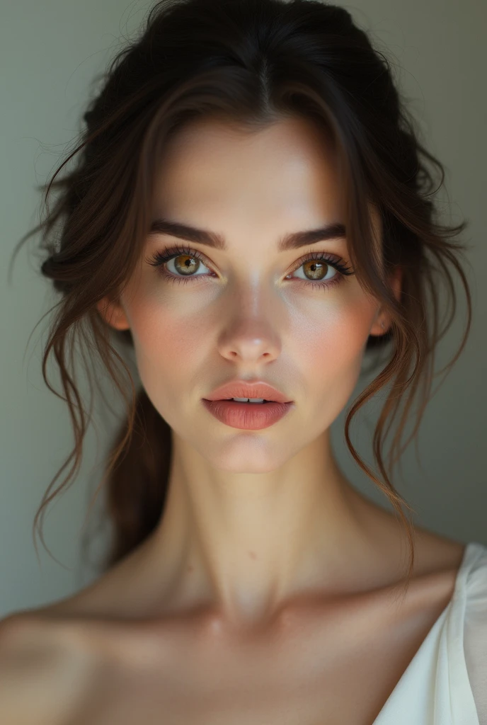 Brunette-Vlana woman with brown eyes, thin smooth hair
