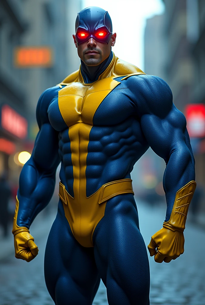 a mutant superhero with optic beams, muscular male body, wearing blue and yellow costume, red visor, serious expression, outdoor setting, dramatic lighting, photorealistic, highly detailed, cinematic, 8k