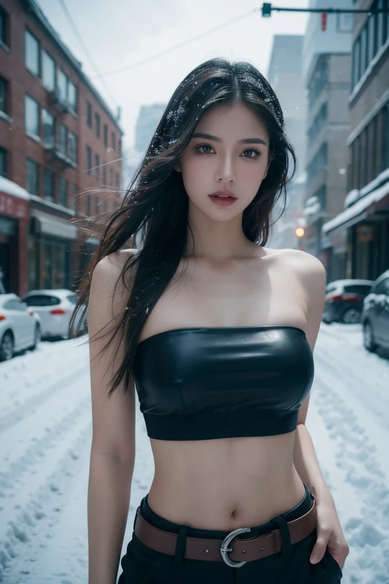 a young woman wearing a midriff-baring bandeau, low-rise pants, and a leather belt, standing on a snowy city street, extremely detailed portrait, beautiful detailed eyes, beautiful detailed lips, extremely detailed face, long eyelashes, highly realistic, photorealistic, 8k, cinematic lighting, dramatic cold color tones, moody atmosphere, winter landscape, snow, street, buildings