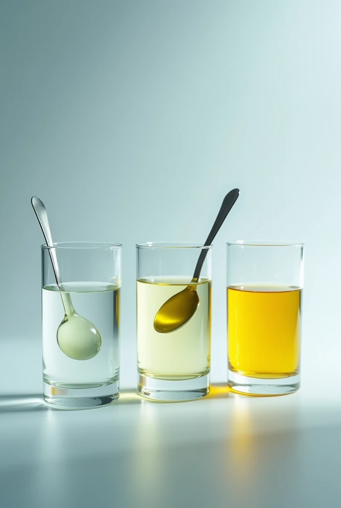 Design the Image:

Step 1: Shows three glasses with a small amount of vegetable oil.
Step 2: Clearly indicate on the first glass that water will be added., In the second glass, alcohol, and the third glass will be the control with only oil.
Step 3: Illustrate the mixing process with a spoon in each glass.
Step 4: Represents the observations:
For the glass of water: Oil floats on water, forming two distinct layers.
For the glass with alcohol: It shows a homogeneous mixture.
For the glass with only oil: Shows the oil unchanged.
BUT NATURAL