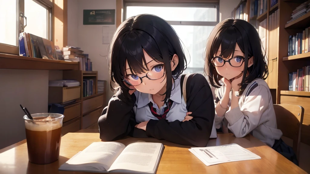 masterpiece, top-quality, High-quality images, high resolution, 8K, 1 student, solo, detailed, Detailed eye depiction, skin gloss, school uniform, large breast, Lustrous hair, Black short-haired, disheveled hair, Round glasses, Narrow old room, many bookshelves, studying, shy expression, blushing heavily, sitting at table, looking at viewer