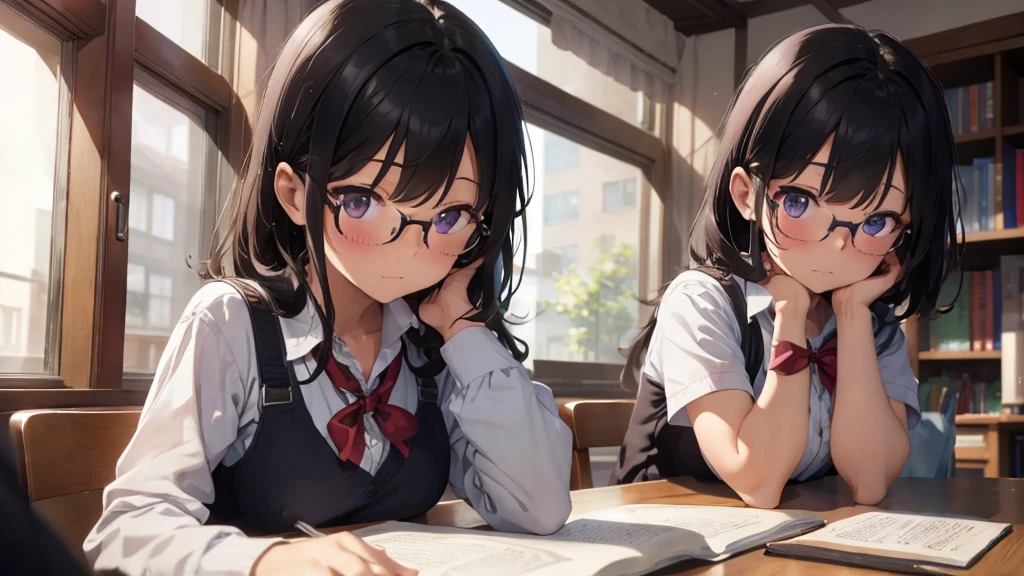 masterpiece, top-quality, High-quality images, high resolution, 8K, 1 student, solo, detailed, Detailed eye depiction, skin gloss, school uniform, large breast, Lustrous hair, Black short-haired, disheveled hair, Round glasses, Narrow old room, many bookshelves, studying, shy expression, blushing heavily, sitting at table, looking at viewer