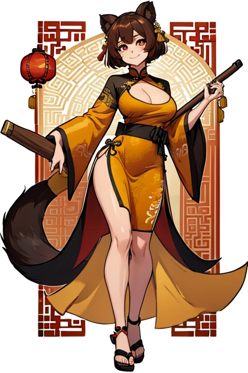 female, brown short messy hair, red eyes, brown monkey ears, brown monkey tail, (((1girl))), (((yellow Chinese dress))), (black sash), (black Chinese slippers), cute and sexy, full body, large breasts, long legs, smiling, cleavage