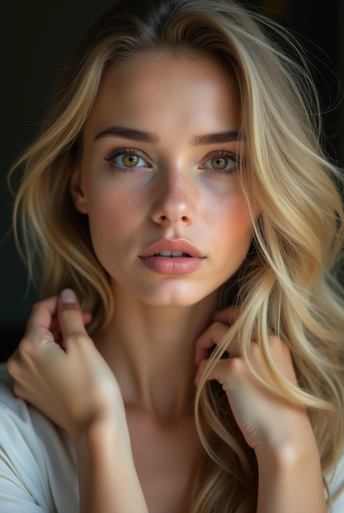Young woman, blonde long hair, brown eyes, Outfit, perfect hands, realistic, 8k Ultra HD, high quality, Canon EOS R5, lens: Sigma 105mm ART, aperture: 2.5, exposure: 1/200 s, ISO: 200, photographer Jeff Kravitz, pay attention to the accuracy