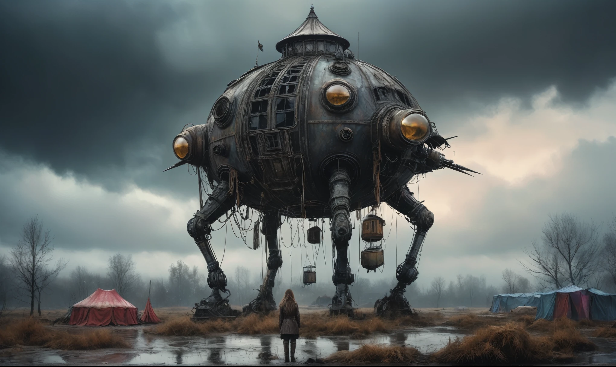 insane pilot from USSR , camouflage Rusty, after a psychiatric clinic,winter,intricate landscape,slate grey atmosphere,film grain,faded,eyes extremely detailed,another world,view from height,once pretty face,eyebrow up,full body shot,ominous landscape, Simon Stalenhag,Nicola Samori,full body shot,beggar paladium The Alien Entity,Technicolor,natural skin textures, hyper realism, hyper detailed,Extremely detailed,High contrast,Masterpiece,Realistic,Ultra Detailed, intricate details,realistic humid leather,extremly intricate,Epic Realistic, cinematic style,irina yermolova,high contrast,hdr,extremely detailed, deep night landscape,masterpiece,intricate details,faded,eyes extremely detailed, high detailed eyes,8k resolution,RAW,retina, Nikon Z9,China,tkt style, transition between two art styles, Ink painting to photorealism, Double contact, X-ray, Creative, vivid light, masterpiece, fantasy, Abstract Surrealism, super detailed, high resolution, stop:35;Her skin is pale, almost translucent,ancient rock,a hot air soars through the layers of clouds, revealing a colossal and enigmatic cityscape nestled within. The buildings in this ethereal city are adorned with intricate details and exude an aura of mystery. Above the cityscape, lend an enchanting touch to the scene. steampunk. The intricate mechanics create a sense of wonder and fascination, as if stepping into a dreamlike realism,Marta Bevacqua, ais-sinisterz, a derelict circus in the middle of a swamp, remnants of colorful tents, a silent carousel with spectral horses, all under a sky heavy with storm clouds