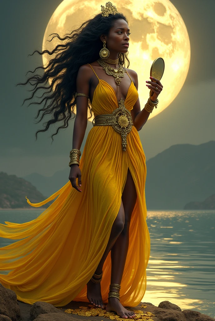 african woman, yellow and gold dress, queen of the rivers, gold coins, long wavy black fur , full moon, necklaces. jewelry, fertility , wind , hand mirror,