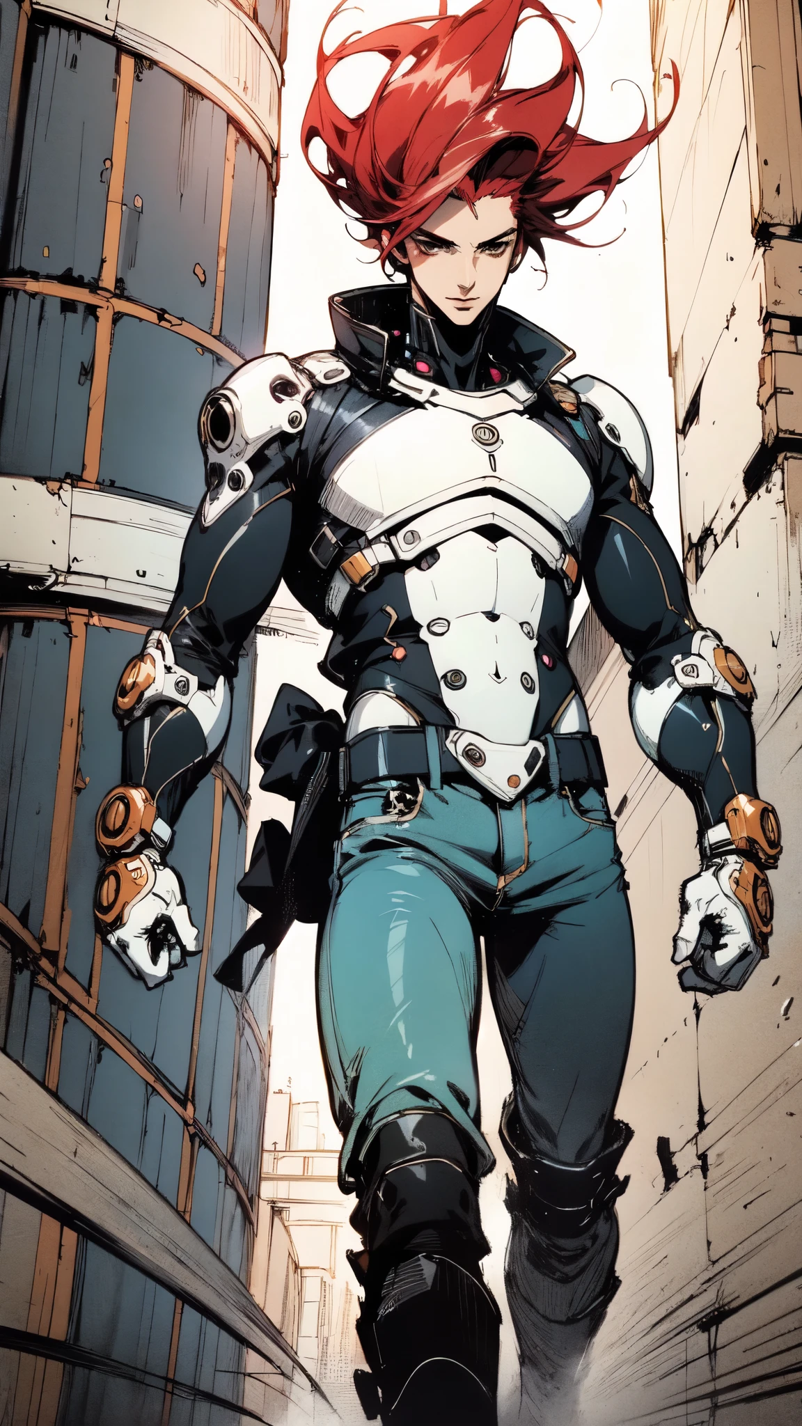 (masterpiece:1.2, best quality:1.2, extremely delicate:1.2), ((male:1.5)), a young man with messy red hair, a leather strap tied around his forehead, a handsome face, bright eyes, a rebellious smile, a slender build, a futuristic fantasy-style black and white leather jacket, dark jeans, hiking boots, he is making an exaggerated leap above the city, this character embodies a finely crafted futuristic fantasy-style rogue in anime style, exquisite and mature manga art style, dramatic, high definition, highres, ultra-detailed, ultra-fine painting, professional, perfect body proportions, golden ratio, anatomically correct, symmetrical face, extremely detailed eyes and face, high quality eyes, creativity, RAW photo, UHD, 32k, Natural light, cinematic lighting, (masterpiece-anatomy-perfect:1.2)