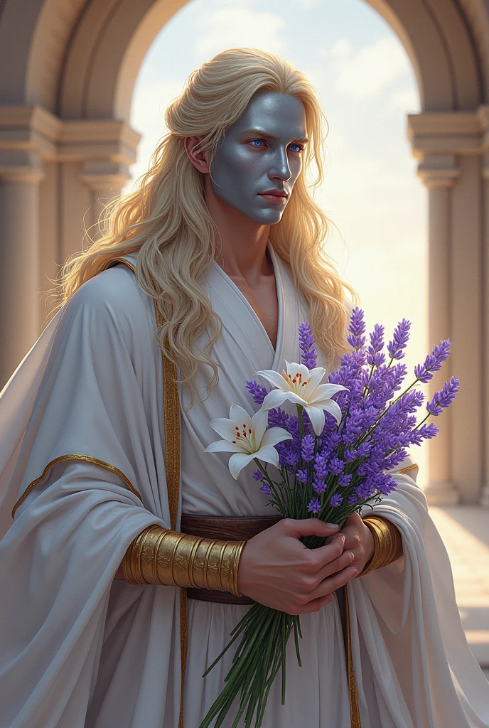 man with long, wavy blond hair, blue eyes with some bands on his arms, wearing a white cloak with gold details with a white haori with golden edges, wearing a gray iron mask like a face, holding lilies and lavenders with the kingdom of Jerusalem in the background, semi-realistic anime art style