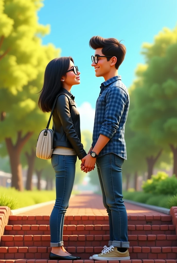 Image image Pixar with a couple in a park with the blue sky behind them some brick stairs the two of them looking into each other&#39;s eyes , the woman with black glasses, black leather jacket and blue jeans the man with blue checked shirt, jeans and regular glasses , the couple holding hands , The man on the left side and the woman on the right side and both with black hair, the man with a watch on his right hand and the woman with a white bag hanging on her left shoulder 