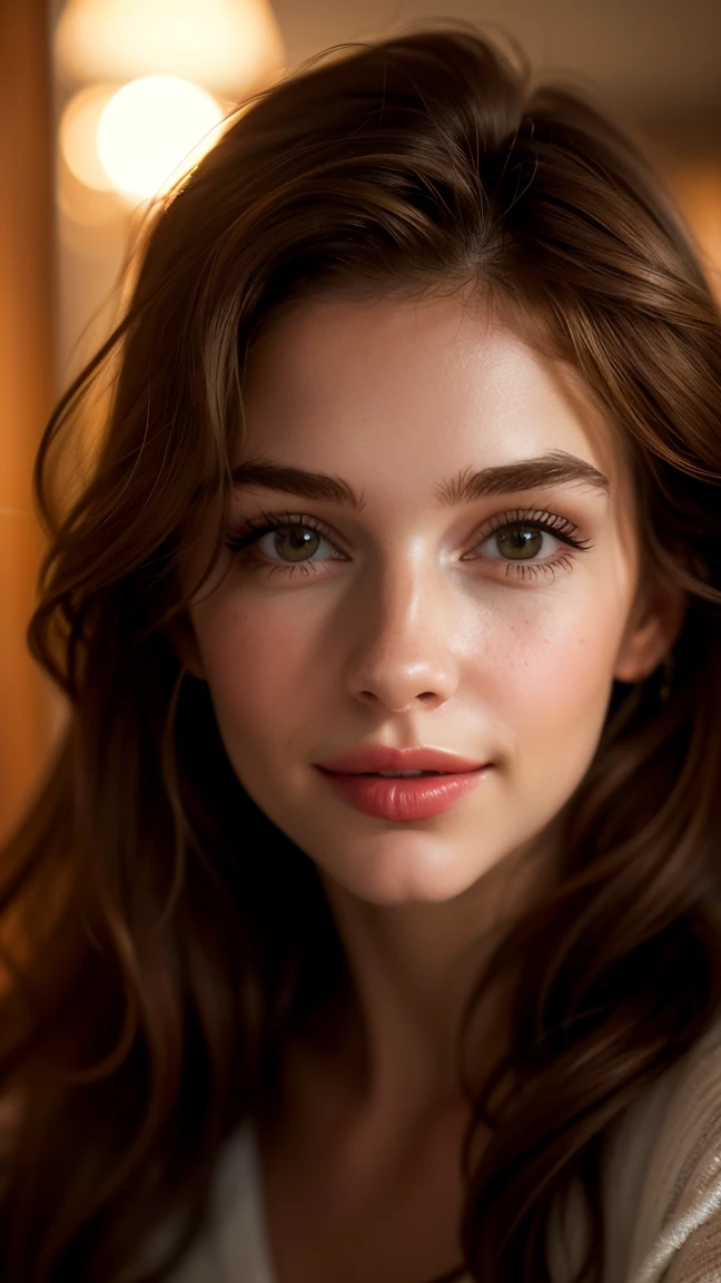 Beautiful girl, brown - haired, front facing, telling positive and motivational quotes, middle aged, model, ruddy skin, beautiful, full lips, a minuscule amount of clothing, smiling, feeling of lightness and joy, hyperrealism, skin very elaborated, direct gaze