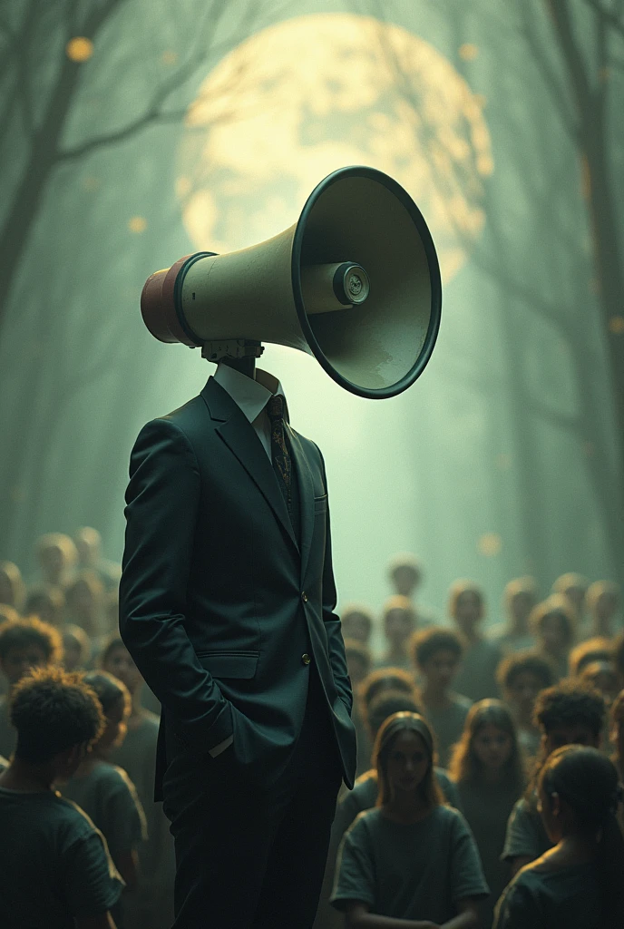 Man with megaphone head and surreal audience