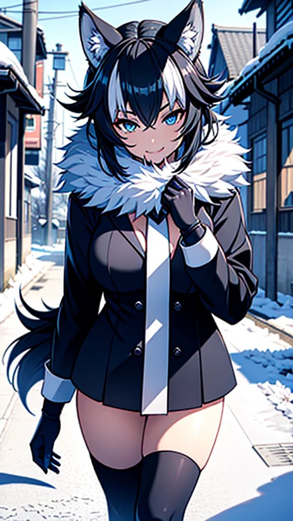 A young wolf girl with beautiful blue eyes, long white hair in a messy style, and prominent white wolf ears stands gracefully in a snowy landscape. She is dressed in a black leather jacket, which contrasts elegantly against the white scenery. Her body is adorned with intricate tattoos, adding to her unique and mysterious charm. The image captures her in a moment of happiness, as she smiles brightly, revealing her captivating beauty. In her hands, she holds a gleaming katana, symbolizing her strength and determination. The artwork is of the highest quality, with a resolution of 4k, ensuring every detail is meticulously rendered. The imagery exudes a sense of mastery and artistry, making it a true masterpiece. The scene is illuminated with soft, natural lighting, enhancing the overall ambiance. The color palette is vibrant and vivid, capturing the essence of the snowy landscape. This prompt guarantees the best quality image, inviting viewers to immerse themselves in the stunning visuals.