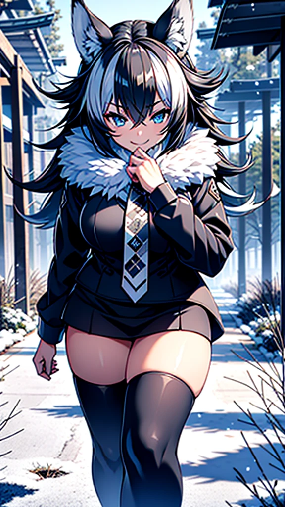 A young wolf girl with beautiful blue eyes, long white hair in a messy style, and prominent white wolf ears stands gracefully in a snowy landscape. She is dressed in a black leather jacket, which contrasts elegantly against the white scenery. Her body is adorned with intricate tattoos, adding to her unique and mysterious charm. The image captures her in a moment of happiness, as she smiles brightly, revealing her captivating beauty. In her hands, she holds a gleaming katana, symbolizing her strength and determination. The artwork is of the highest quality, with a resolution of 4k, ensuring every detail is meticulously rendered. The imagery exudes a sense of mastery and artistry, making it a true masterpiece. The scene is illuminated with soft, natural lighting, enhancing the overall ambiance. The color palette is vibrant and vivid, capturing the essence of the snowy landscape. This prompt guarantees the best quality image, inviting viewers to immerse themselves in the stunning visuals.