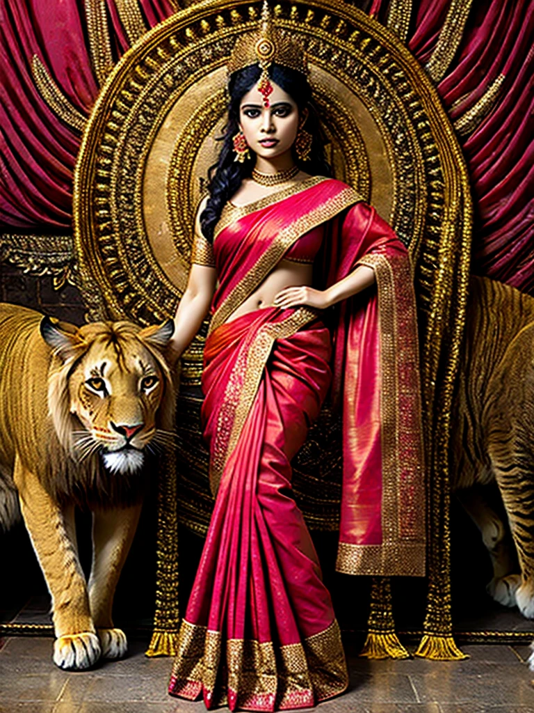 Goddess Durga in rich red silk saree with golden border, 6 hands, siiting on a lion, fierce, beautiful, full body portrait, (masterpiece, best quality:1.2), 