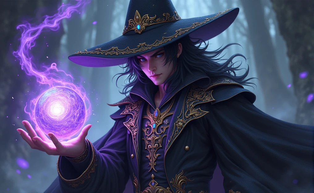 I see the image you uploaded. It features a male character with a mystical aura, dressed in a black robe adorned with ornate details and a matching wizard hat. The outfit is embellished with intricate gold patterns and glowing blue gems. The character is holding in his hands a sphere or magical energy of purple and blue hues, which appears to emit a mystical light. His gaze is intense, with deep reddish eyes, and his messy black hair falls under the hat. The scene is set in a dark and ethereal atmosphere, with flickers of light and magical energy floating around him.