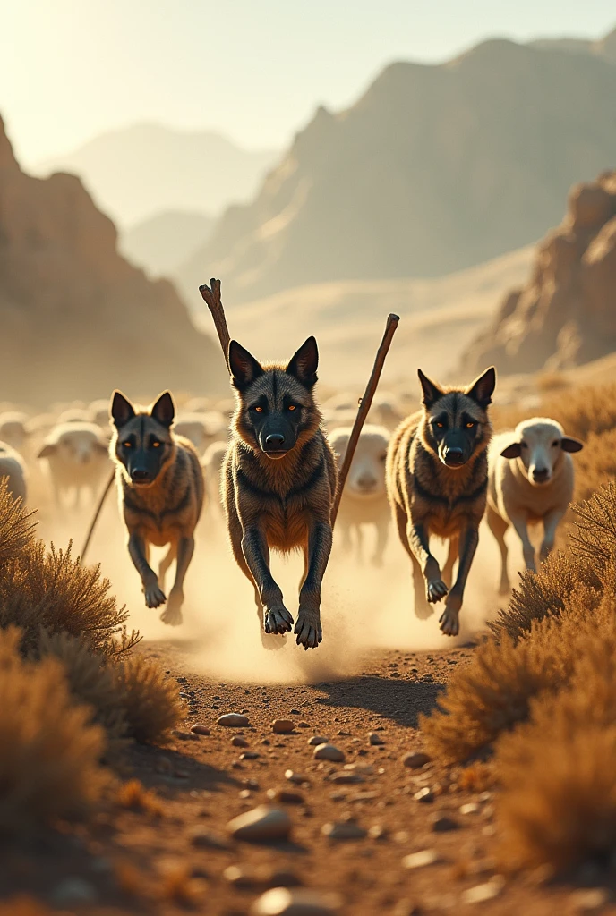 Three wild dogs using stick to keep sheeps in a land