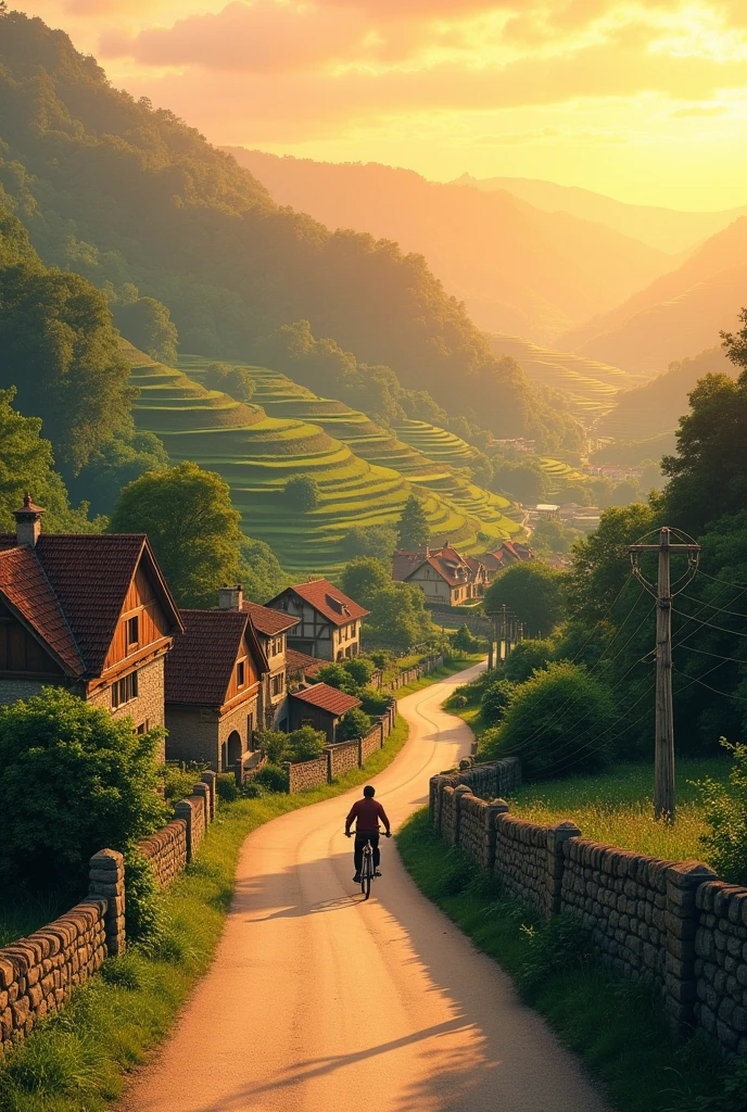 Terraced country road in the 90s at sunset