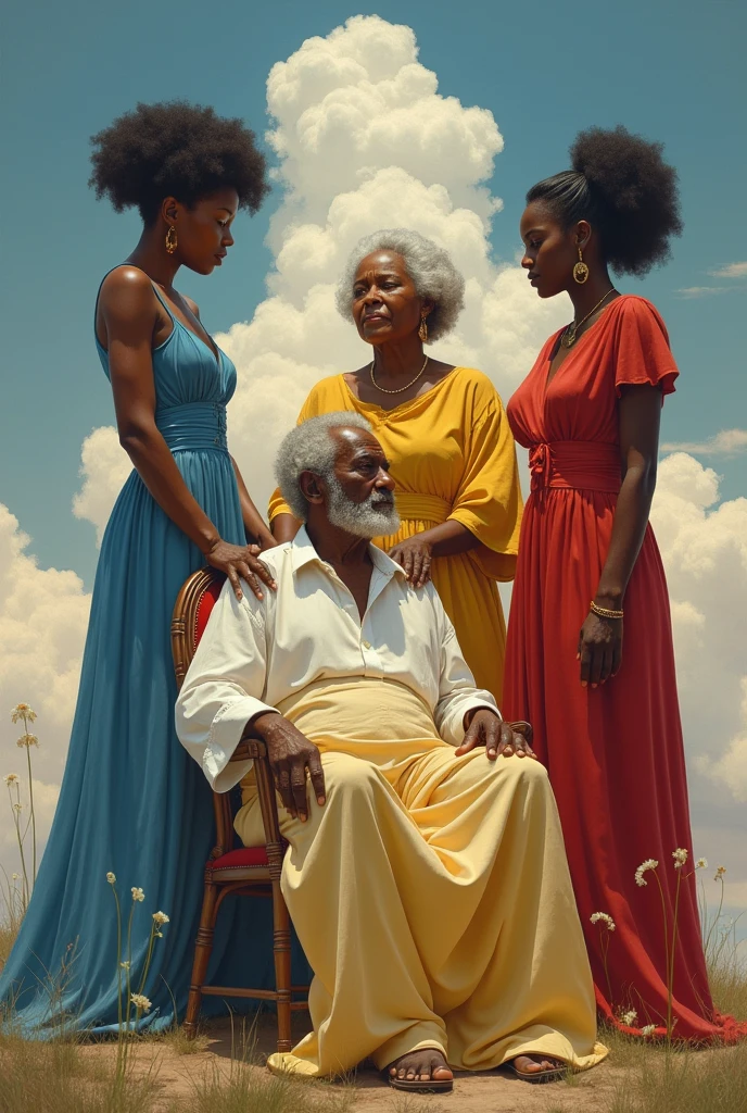 Old black man sitting dressed in white, old black woman dressed in yellow sitting, black woman dressed in blue, black woman dressed in red in the sky