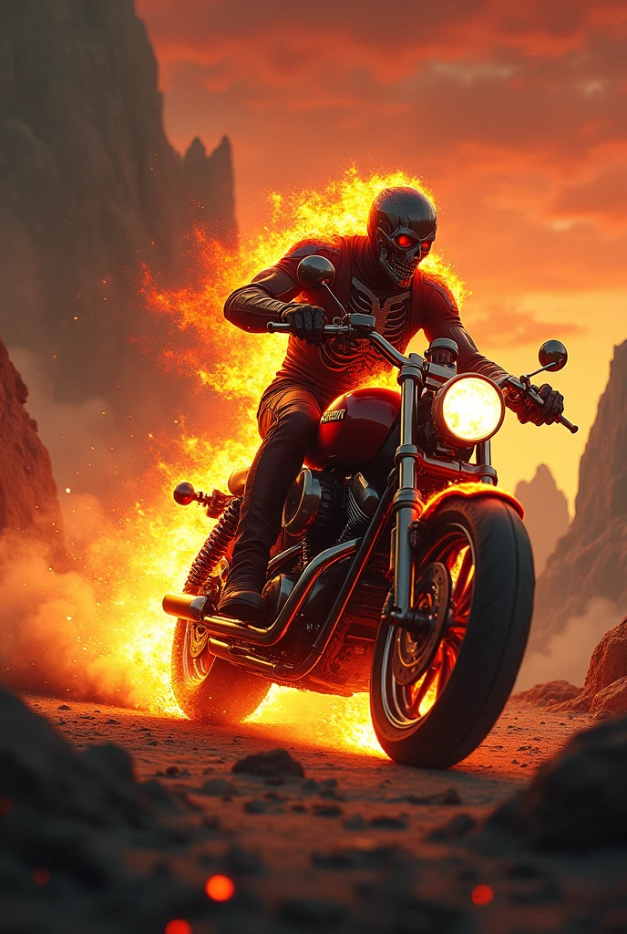 motorcycle and skull 
rider burning on fire landscape 