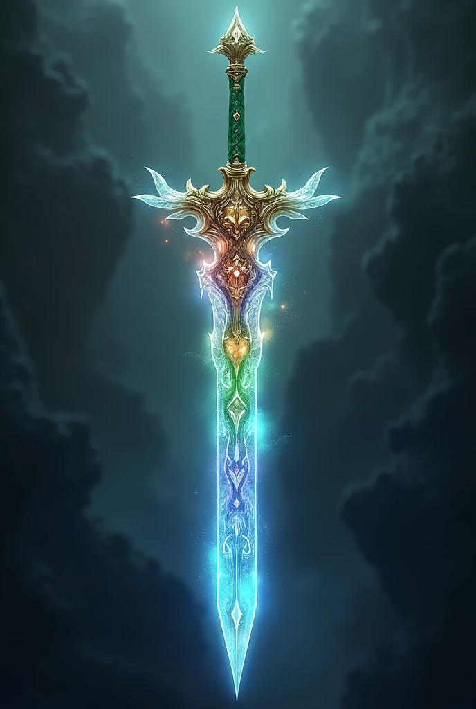 masterpiece、Highest quality、Very detailed、Ultra-high resolution、Fantasy sword with a crystal blade that glows with light and dark energy。The handle is inlaid with green jade.。fire、ice、thunder、poison、Wind、Multicolored light effect representing soil。Complex pattern、Shining Aura、Glittering Blade、Crystal of Truth